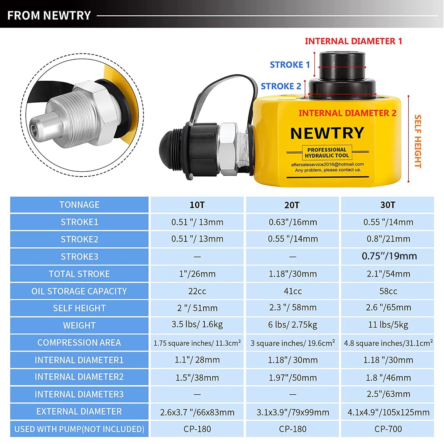 NEWTRY Cilindro hidráulico Ram Jack 30T Cilindro hidráulico Perfil bajo Ram Jack Multisección 2.13 "Cilindro de elevación de carrera Mini, portátil para maquinaria, puente, construcción