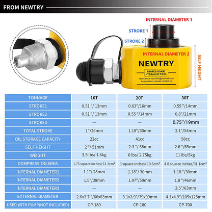 NEWTRY Cilindro hidráulico Ram Jack 30T Cilindro hidráulico Perfil bajo Ram Jack Multisección 2.13 "Cilindro de elevación de carrera Mini, portátil para maquinaria, puente, construcción