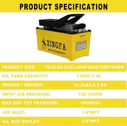 XFPC Bomba hidráulica de aire 10,000 PSI, depósito de 1,7 L, salida de aceite NPT de 3/8 pulgadas, entrada NPT de 1/4 pulgadas, bomba hidráulica de aire hidráulica, amarillo