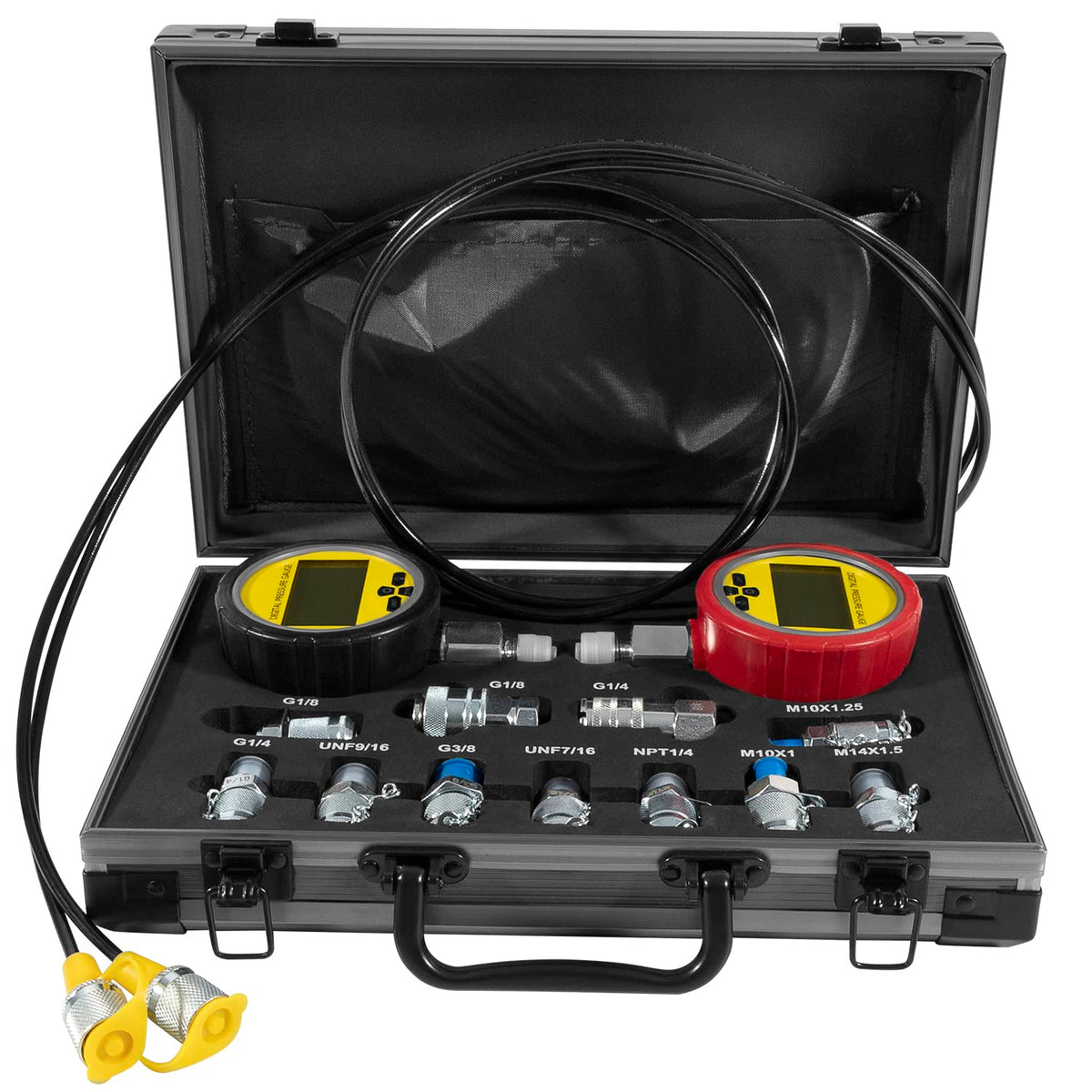 HIHITOMORROW H-464613 Kit de comprobación de presión hidráulica 70M, con medidores de presión digital 10000PSI/70MPa, 11 acoplamientos, 2 mangueras de prueba, kit de acoplamiento de probador hidráulico para sistemas