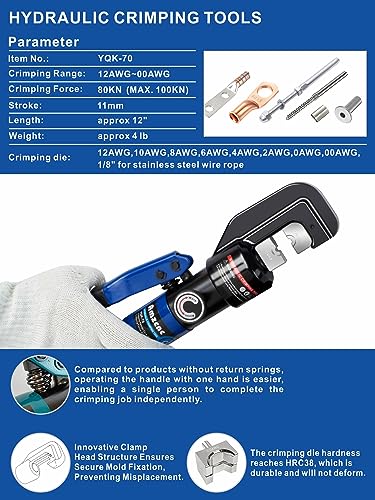 AMZCNC YQK-70 Herramienta de prensado hidráulico y cortador de cables, crimpadora hidráulica de lengüetas de cable 8 toneladas de EE. UU. 12 AWG a 00 (2/0) kit de herramientas de cable de terminal