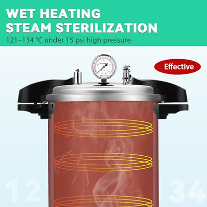 Autoclave temporizada de 25 cuartos de galón, autoclave presurizado a vapor, 15 psi a 121 ℃, para cristalería, equipo de laboratorio y cultivo de hongos, 110 V