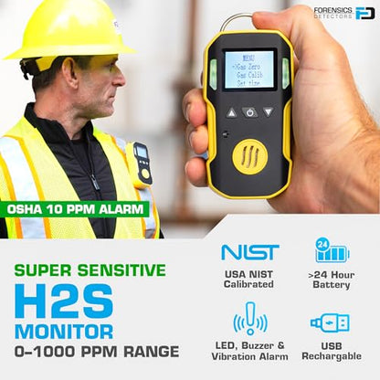 Monitor H2S de Forensics | Calibración y certificado NIST de Estados Unidos | A prueba de polvo y explosiones | Recarga USB | Alarmas de sonido, luz y vibración | 0-100 ppm H2S | ‎FD-90A-H2S