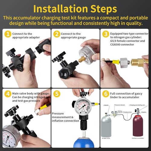 Kit de carga de acumulador de nitrógeno hidráulico, kit de llenado de nitrógeno, sistema de prueba de presión, herramientas de carga de gas con 3 indicadores (1500 PSI, 4000 PSI, 6000 PSI), 7