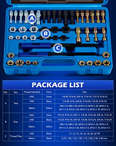 Orion Motor Tech Juego de 48 piezas de cazador de rosca, kit de reparación de roscas métricas y SAE con 22 llaves, 24 troqueles, 2 limas de rosca, kit universal de reroscado, ‎TRK-A001-00
