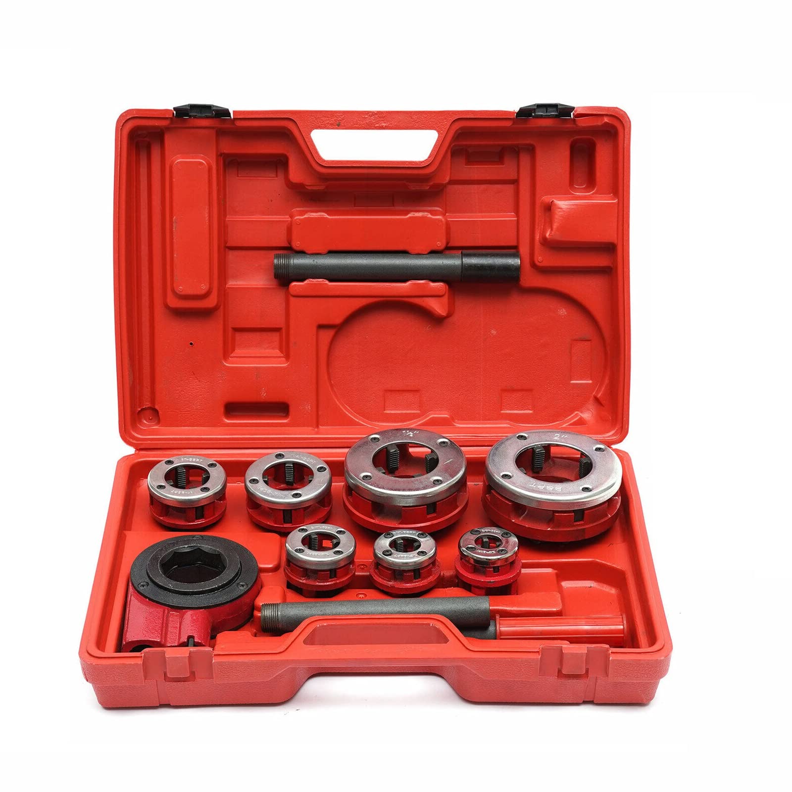 BSPT - Juego de roscadores de tubos de trinquete con 7 troqueles y estuche de almacenamiento de 3/8", 1/2", 3/4", 1", 1-1/4", 1-1/2", 2"