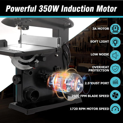 Sierra de cinta de banco LeuMuas 3A de 9 pulgadas con luz de trabajo, motor de inducción de bajo ruido de 2500FPM y 1720RPM, base de acero, mesa de aluminio fundido, sistema de calibre de inglete