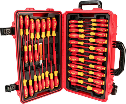 Wiha 32800, juego de herramientas aisladas con desarmadores, llaves para tuercas, pinzas, cortadoras, cuchillos y dados en bolsa de herramientas desplegable, 80 unidades