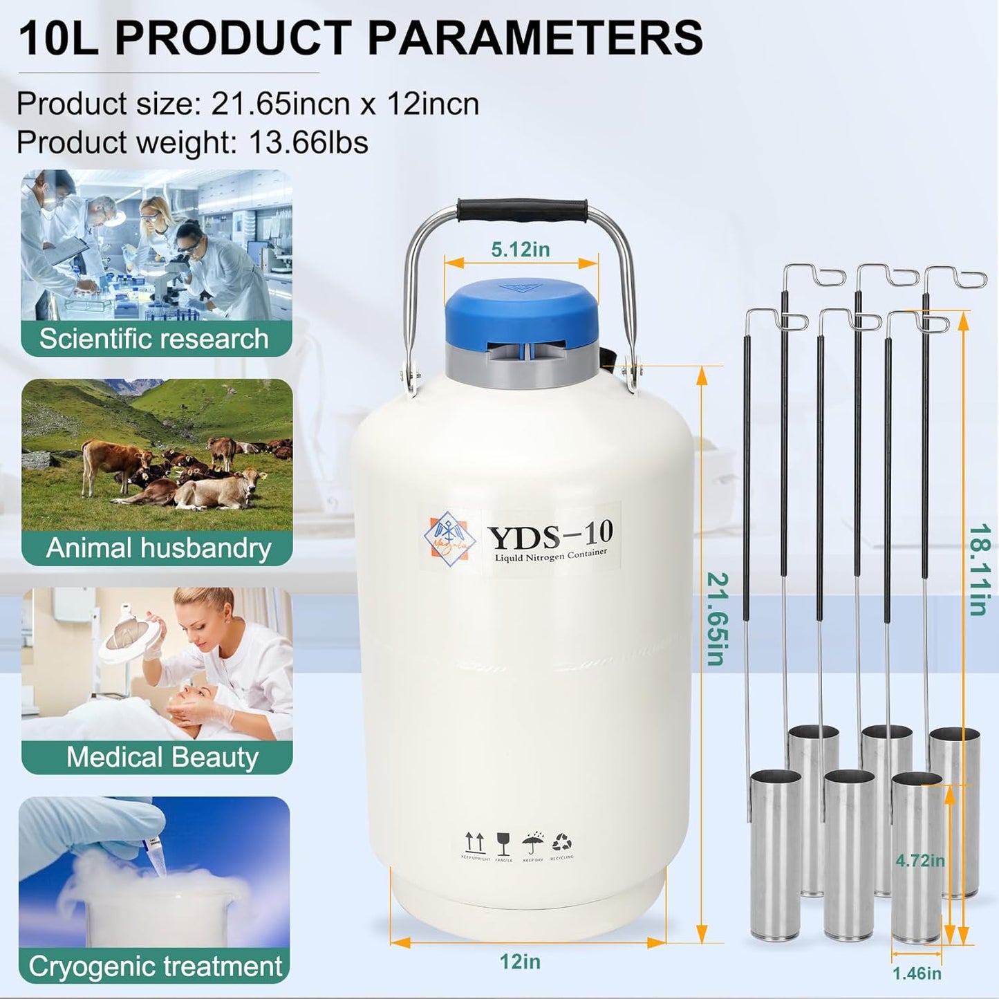 Magula Contenedor de nitrógeno líquido de 6L Contenedor criogénico (LN2) Aleación de aluminio Nitrógeno líquido Dewar Contenedor criogénico estático Contenedor de nitrógeno líquido con 6 recipientes