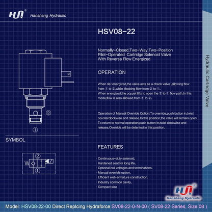Válvula de cartucho de solenoide, válvula electromagnética hidráulica de dos posiciones normalmente cerrada Reemplazo comparable a Hydraforce SV10-20-0-N-00 (HSV10-20-00)
