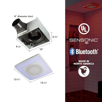 Broan-NuTone ChromaComfort SPK110RGBL - Extractor de baño con altavoz Bluetooth, potente 110CFM/1.5 Sones, luz LED de 24 colores, SPK110RGBL, interruptor de pared