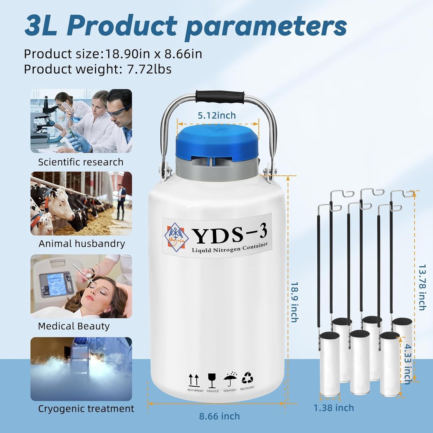 Magula Contenedor de nitrógeno líquido de 6L Contenedor criogénico (LN2) Aleación de aluminio Nitrógeno líquido Dewar Contenedor criogénico estático Contenedor de nitrógeno líquido con 6 recipientes