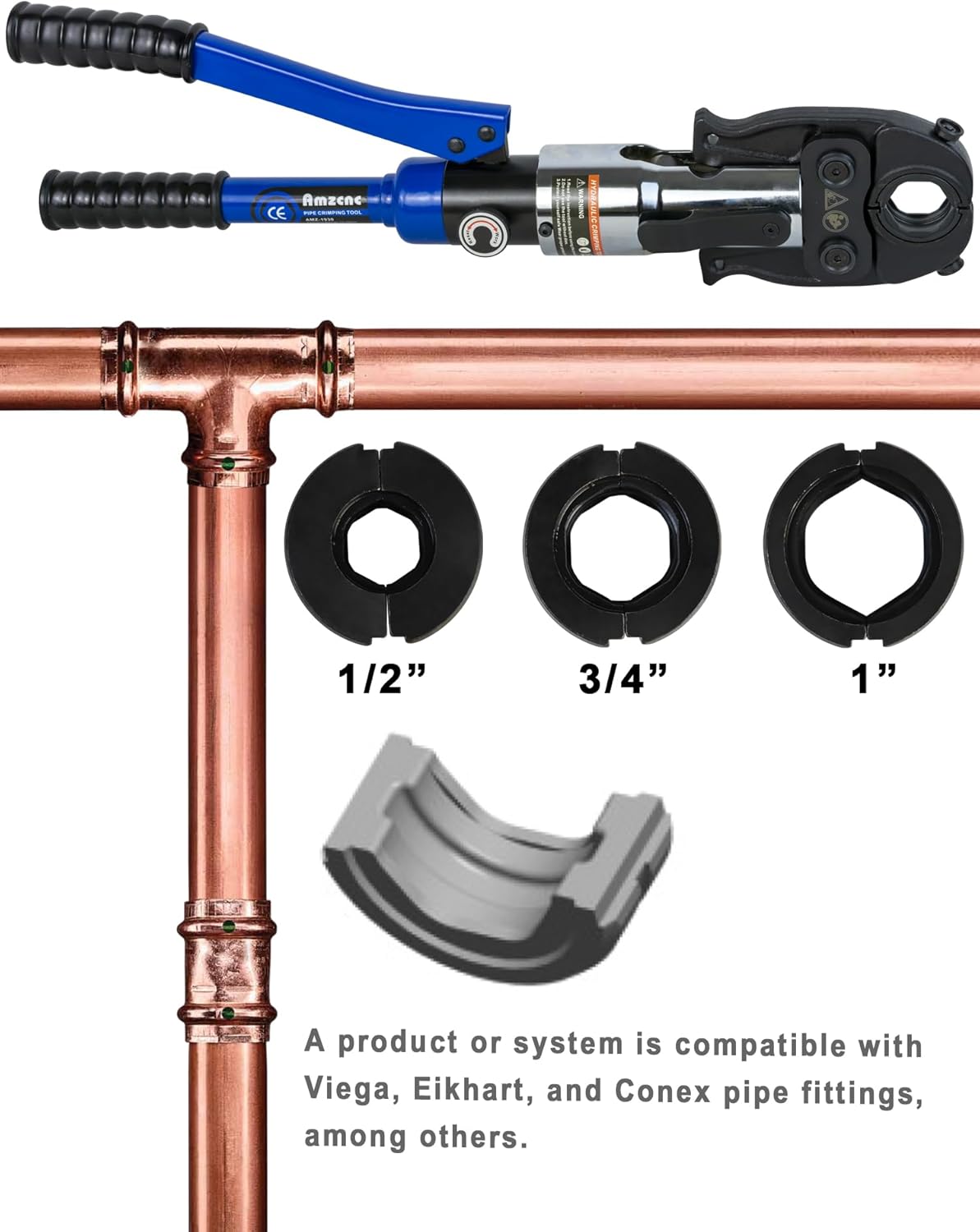 AMZCNC ProPress - Kit de herramientas para prensar tubos de cobre, herramienta hidráulica para prensar tubos con mandíbula de 1/2 pulgadas, 3/4 pulgadas y 1 pulgada, pinzas de prensar tubos de cobre,