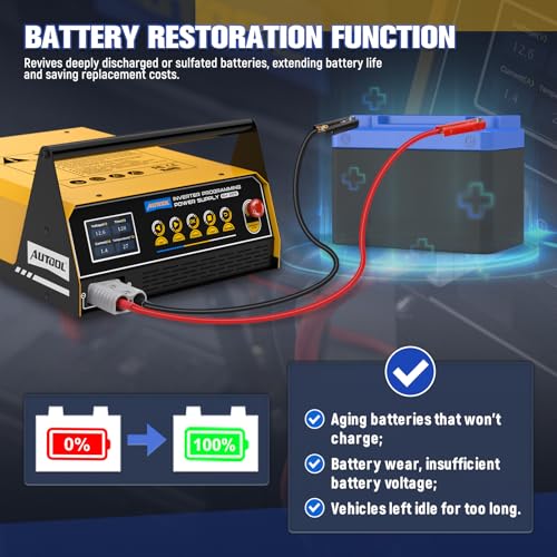 AUTOOL Fuente de alimentación de reprogramación flash de 120 amperios, cargador de batería de automóvil con modo de reparación de batería, reprogramador flash y fuente de alimentación ajustable con cables de 6.5 pies, pantalla HD
