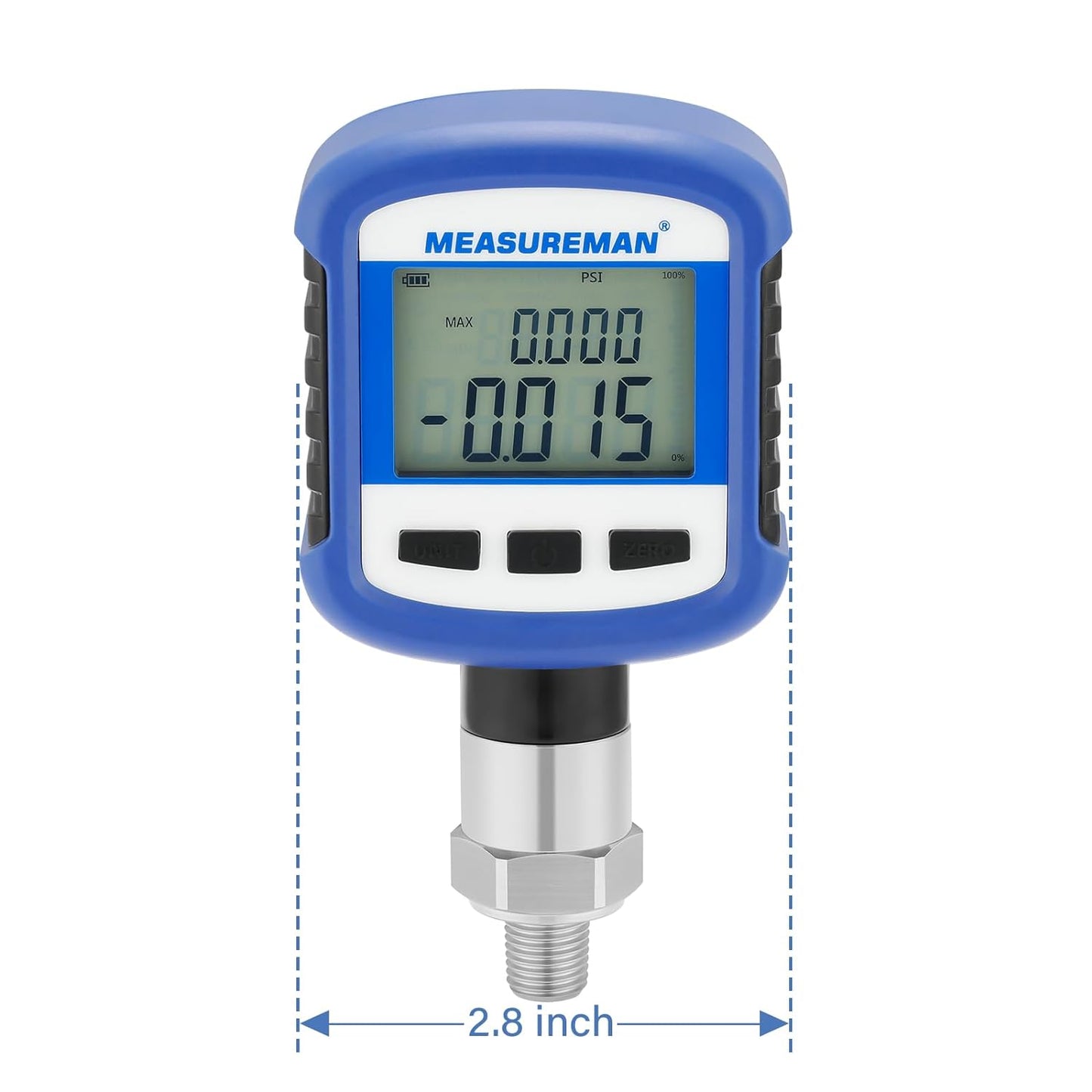 Medidor de presión industrial digital de 0-60 psi, 0.2% FS, NPT de 1/4 pulgadas inferior, caja y conexión de acero inoxidable, alimentado por batería, con Bluetooth y luz LCD
