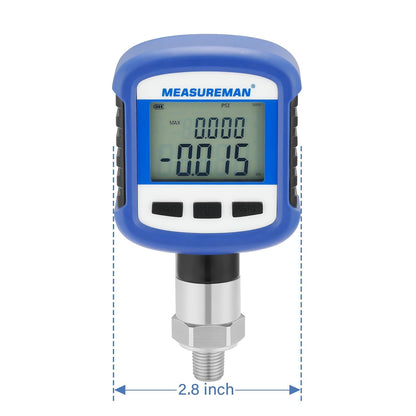 Medidor de presión industrial digital de 0-60 psi, 0.2% FS, NPT de 1/4 pulgadas inferior, caja y conexión de acero inoxidable, alimentado por batería, con Bluetooth y luz LCD