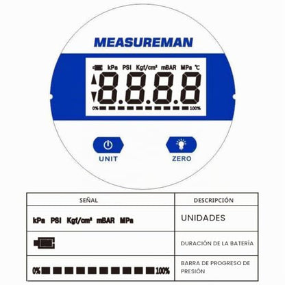 MEASUREMAN Medidor de presión industrial digital de 2-1/2" con esfera, con montaje inferior de 1/4" NPT, carcasa y conexión de acero inoxidable, 0-100 psi/bar, 1%, alimentado por batería, con luz LED MA154