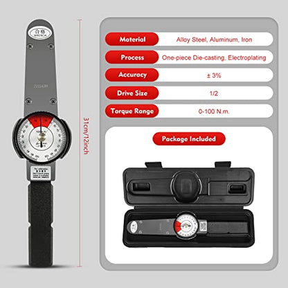 LOYALHEARTDY Llave dinamométrica 0-100N.m Indicador de dial Llave dinamométrica Medidor de esfuerzo de torsión de precisión 1/2 unidad indicadora Torquímetro Probador de fuerza de par