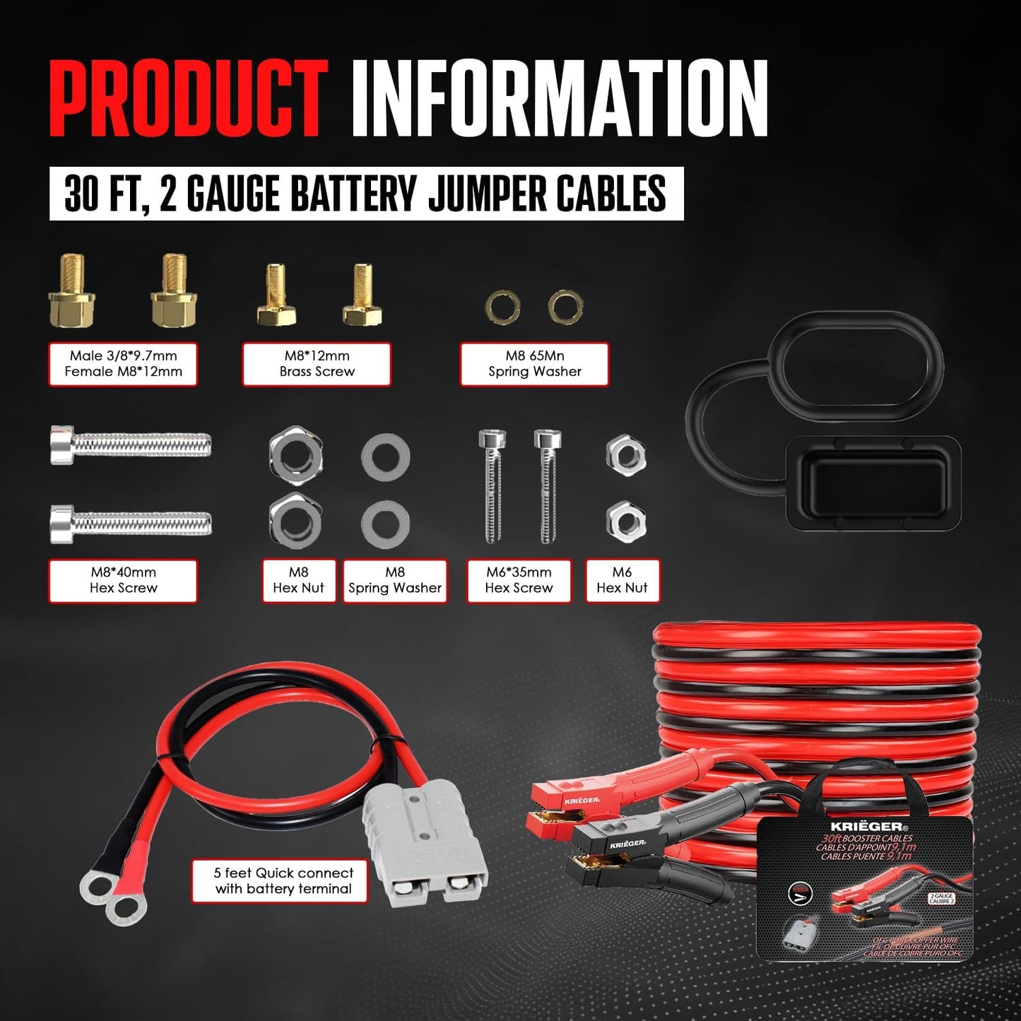 K KRIËGER Cables de Puente 100% Cobre Puro, 30 pies, 2 Calibre, 1000 amperios con Kit de instalación Permanente y enchufes de conexión rápida, Bolsa de Transporte incluida B0BTZ5HNLK