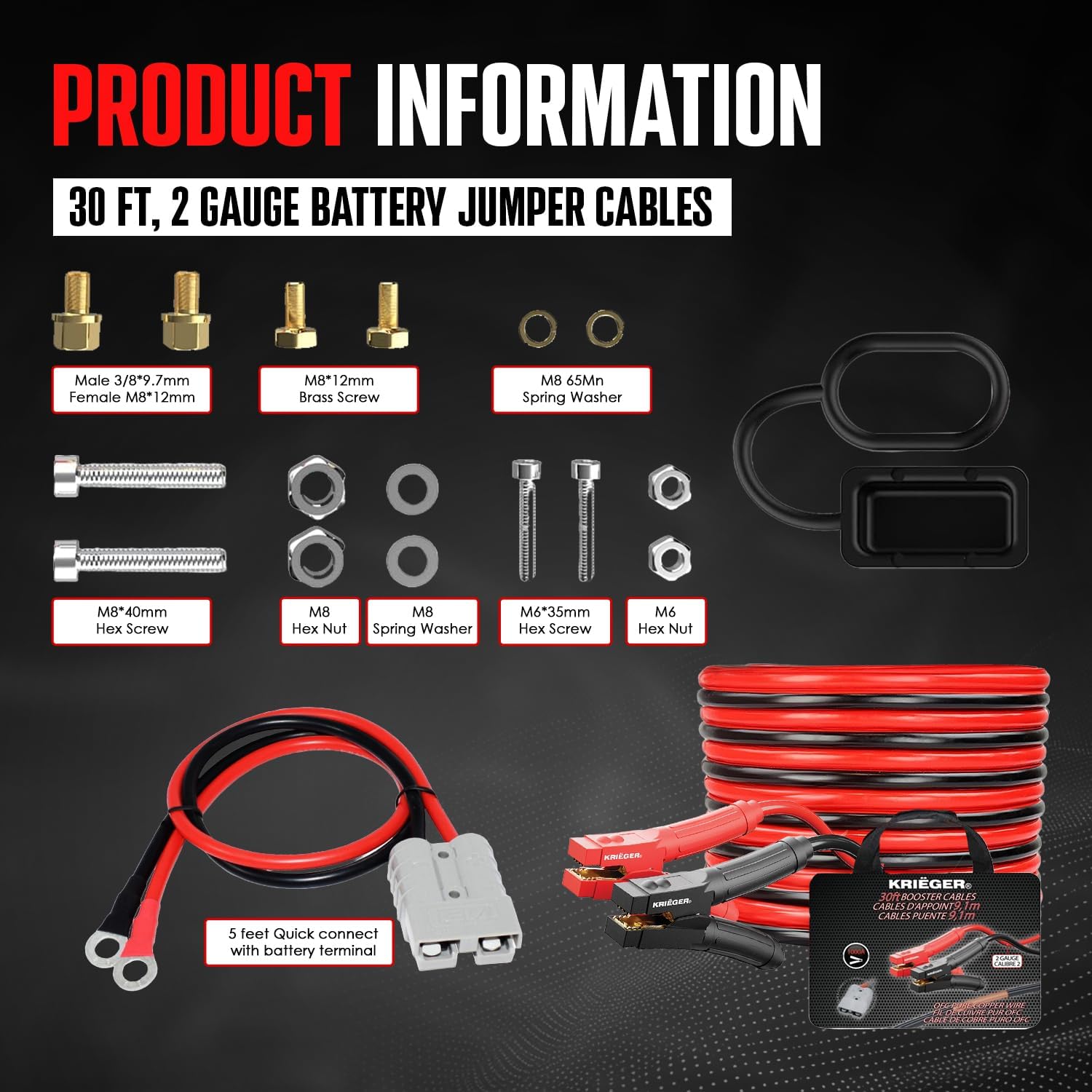 K KRIËGER Cables de Puente 100% Cobre Puro, 30 pies, 2 Calibre, 1000 amperios con Kit de instalación Permanente y enchufes de conexión rápida, Bolsa de Transporte incluida B0BTZ5HNLK