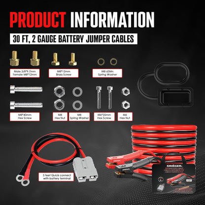 K KRIËGER Cables de Puente 100% Cobre Puro, 30 pies, 2 Calibre, 1000 amperios con Kit de instalación Permanente y enchufes de conexión rápida, Bolsa de Transporte incluida B0BTZ5HNLK