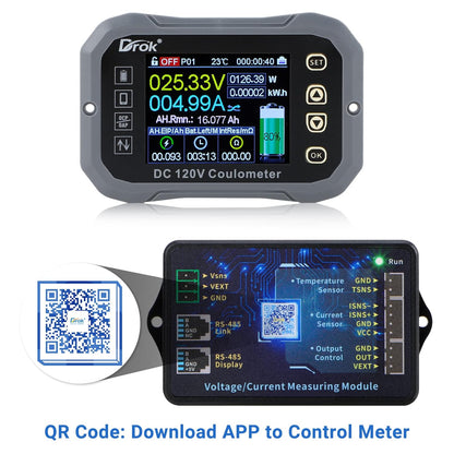 DROK - Multímetro de carga y descarga, 0-120 V 100 A CC voltímetro acoplador, control de aplicación de teléfono celular, monitor de batería LCD, voltaje, temperatura, capacidad de potencia, monitor de