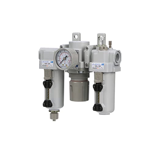 PneumaticPlus SAU300-N03G-MEP Filtro de Aire Comprimido Regulador Lubricador Combo 3/8" NPT - Cuenco de metal, drenaje manual, soporte, calibre