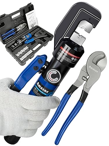 AMZCNC YQK-70 Herramienta de prensado hidráulico y cortador de cables, crimpadora hidráulica de lengüetas de cable 8 toneladas de EE. UU. 12 AWG a 00 (2/0) kit de herramientas de cable de terminal