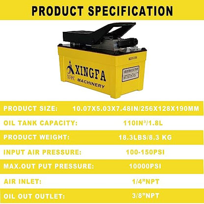 XFPC Bomba hidráulica de aire 10,000 PSI, depósito de 1,7 L, salida de aceite NPT de 3/8 pulgadas, entrada NPT de 1/4 pulgadas, bomba hidráulica de aire hidráulica, amarillo