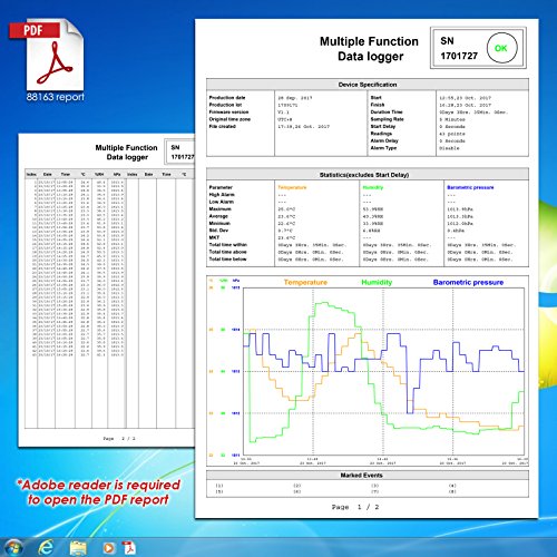 Registrador de datos de temperatura USB para temperatura humedad y presión atmosférica, IP65 impermeable registrador de temperatura con PDF y CSV informa alta precisión #88163