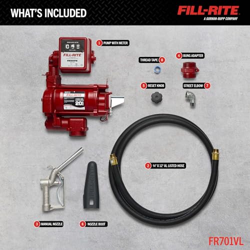 Fill-Rite FR701VL Bomba de transferencia de combustible 115V 75 LPM con paquete de medidor mecánico estándar, litros | Para gasolina, diésel, queroseno, mezclas de etanol, mezclas de metanol y biodiésel hasta B20