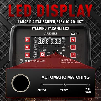 ANDELI 5 en 1 cortador de plasma soldador combo, 160Amp 110/220V Máquina de soldadura de doble voltaje, Gas MIG/Flux MIG/Lift TIG/Stick/Cut Multi-Proceso Soldador (MCT-416 PRO)