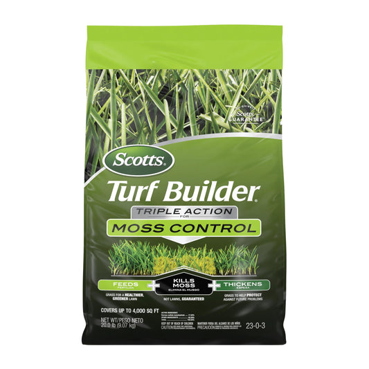 Scotts 38506 Turf Builder Triple acción para control de musgo, mata musgo y fertilizante para césped, cubre hasta 4,000 pies cuadrados, 20 libras.