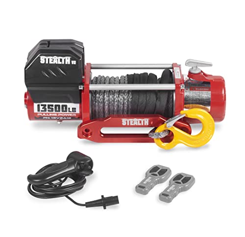 Stealth Winches Cabrestante de camión de 13500 libras, cabrestante eléctrico de 12 voltios con 2 controles remotos inalámbricos y cuerda sintética, 4 x 4, perfecto para cabrestante de remolque 13V2A12-CAD