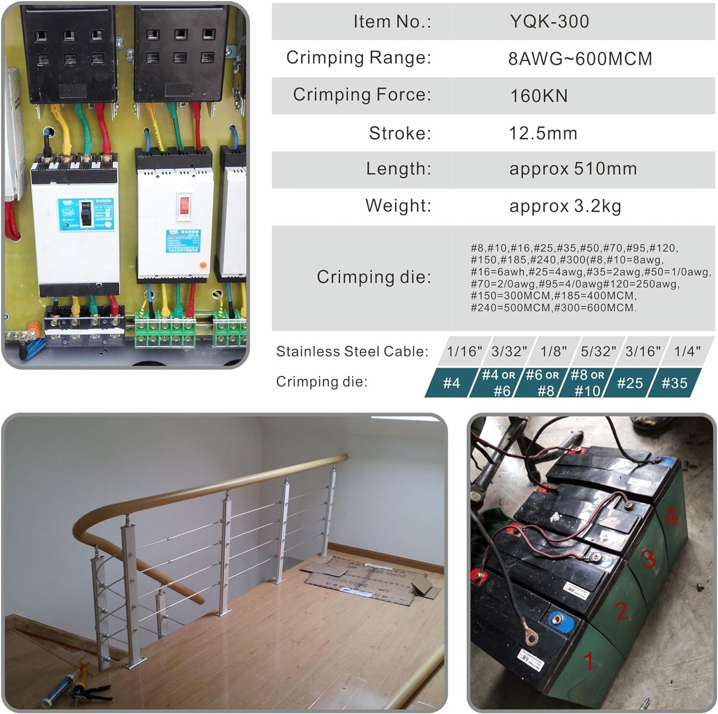 Juego de herramientas para cables hidráulicos industriales de 16 toneladas de 9 AWG a 600 MCM de cable de terminal eléctrico incluye 13 pares de juegos de troqueles