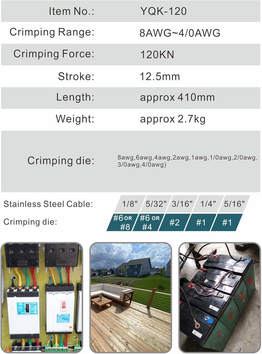Juego de herramientas para cables hidráulicos industriales de 16 toneladas de 9 AWG a 600 MCM de cable de terminal eléctrico incluye 13 pares de juegos de troqueles