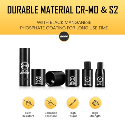 boen Juego de llaves de impacto de 119 piezas, juego de llaves de vaso de 1/2" y 3/8" profundo/poco profundo SAE/métrico, Cr-MO y S2, 6 puntos, broca de impacto, enchufes Allen incluidos