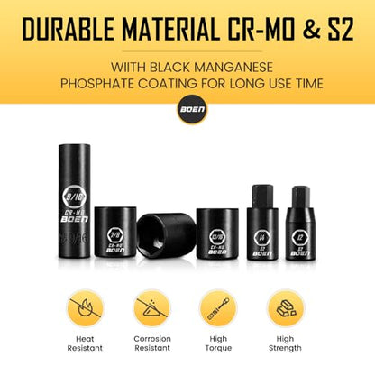boen Juego de llaves de impacto de 119 piezas, juego de llaves de vaso de 1/2" y 3/8" profundo/poco profundo SAE/métrico, Cr-MO y S2, 6 puntos, broca de impacto, enchufes Allen incluidos