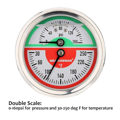 Measureman Tridicador, termo-manómetro, 2-1/2 pulgadas, relleno de aceite de silicona, 0-160 psi/30-250 grados F, caja de acero inoxidable, medidor de presión de montaje inferior NPT de 1/4 pulgadas