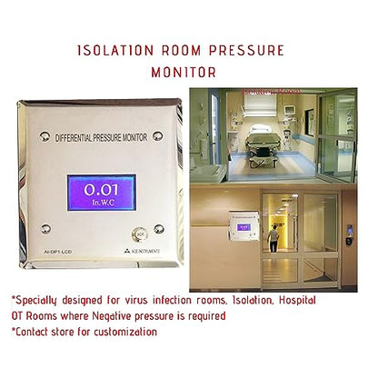 Indicador de presión diferencial para monitor de presión de habitación de hospital (rango: -18 a 0.709 in.WC/-180 a 180 Pascales) | Monitor de presión de salas de aislamiento AI-DP1-LCD