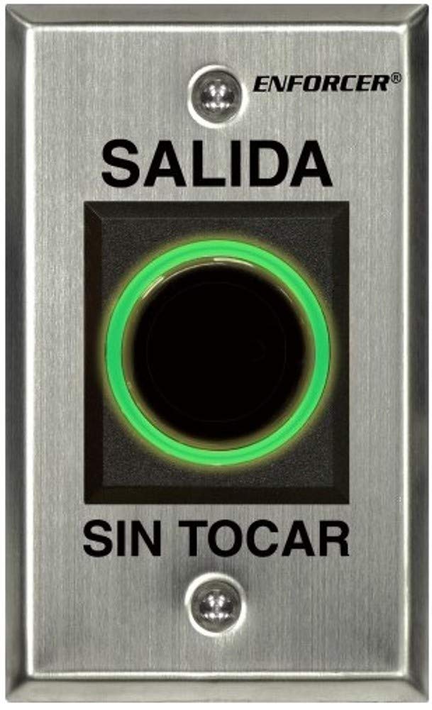 Seco-Larm SD-927PKC-NSQ ENFORCER "No Touch" RTE Sensor IR, placa de una sola banda de acero inoxidable con mensaje en español, rango ajustable de 23/8"-8" (6~7.9 in), "Salida SIN TOCAR" impreso en la placa
