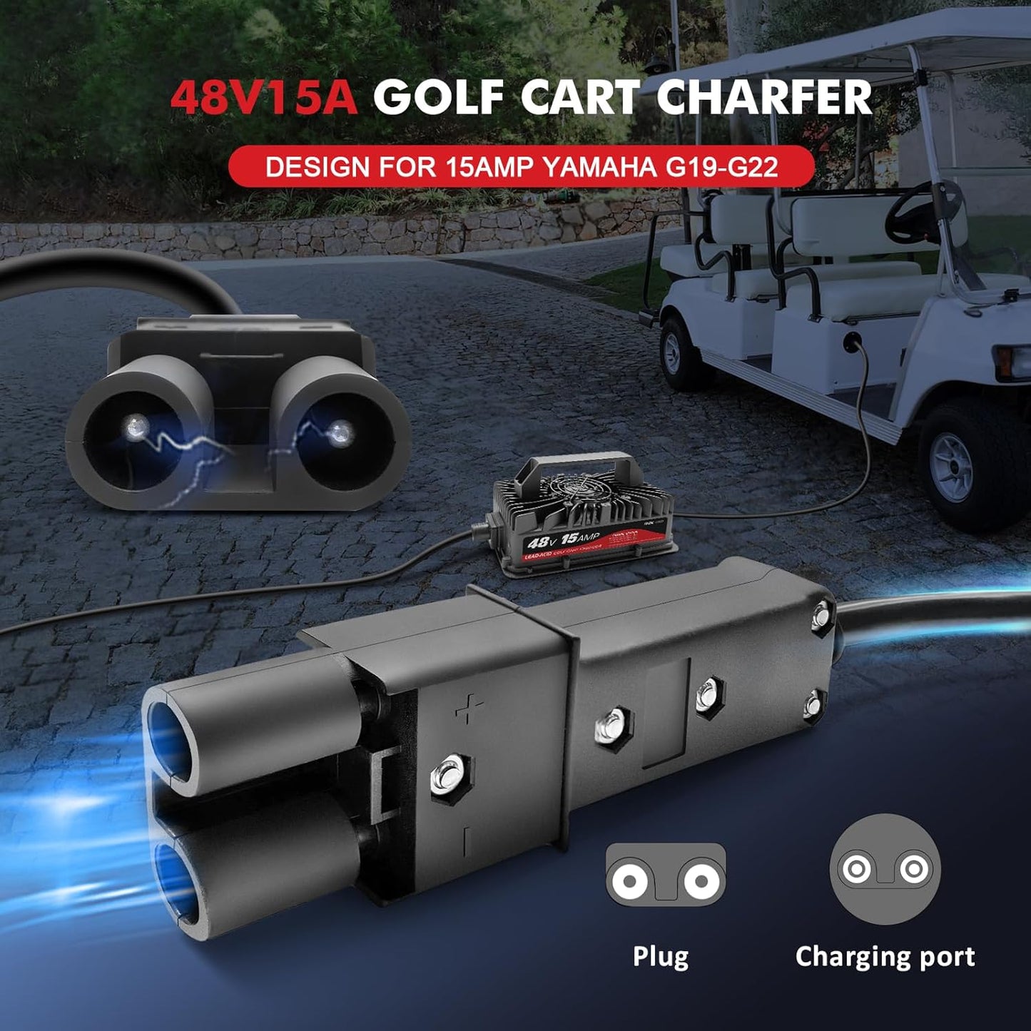 Cargador de carrito de golf de 15 amperios para EZGO y TXT de 48 voltios con enchufe Delta-Q de 3 pines