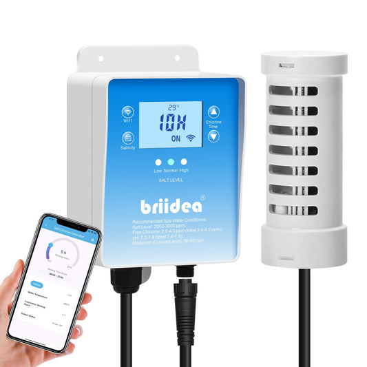 Generador de Cloro de Sal WiFi, Generador de Cloro Briidea con Célula de Sal de Titanio de EE. UU., Monitoreo por APP y Alertas de Sal en Tiempo Real, para Spas de Natación de Hasta 2,000 Galones
