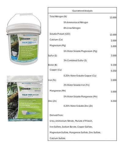Fertilizante de palmera Power Strike (4 libras) con cuchara de medición gratuita. Fortificado con hierro (Fe). Formulado para abordar las deficiencias comunes de la palma. Incluye micronutrientes 93330