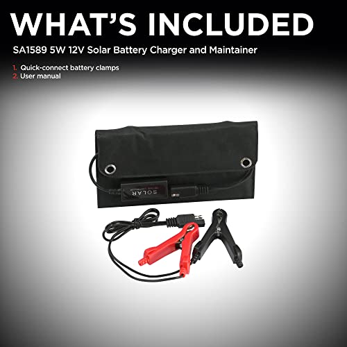 Schumacher Electric Cargador y mantenedor de batería solar portátil, SA1589, 5 vatios, 12 voltios, puerto USB de 1 amperio, para mantener baterías de motocicleta, deportes de potencia, automóvil, camioneta y marinas