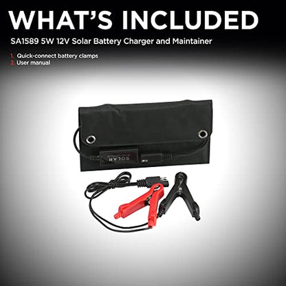Schumacher Electric Cargador y mantenedor de batería solar portátil, SA1589, 5 vatios, 12 voltios, puerto USB de 1 amperio, para mantener baterías de motocicleta, deportes de potencia, automóvil, camioneta y marinas