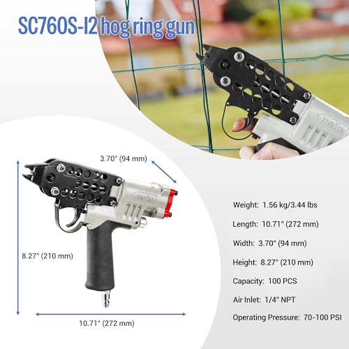 meite SC760S-I2 Pistola neumática de anillo de cerdo con 1000 anillos de cerdo de 16GA, alicates de anillo de cerdo corona de calibre 16 de 1/2 pulgada, cierre de 0.102-0.142 in, alicates ligeros Air