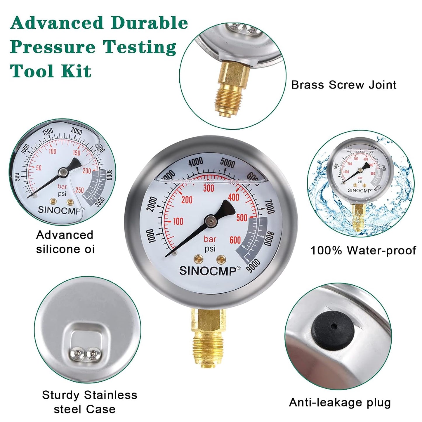 Kit de manómetro hidráulico 25Mpa/40Mpa/60Mpa, 3 manómetros 6 acoplamientos de prueba, 3 mangueras de prueba, 1 estuche de almacenamiento para maquinaria de construcción de excavadoras,