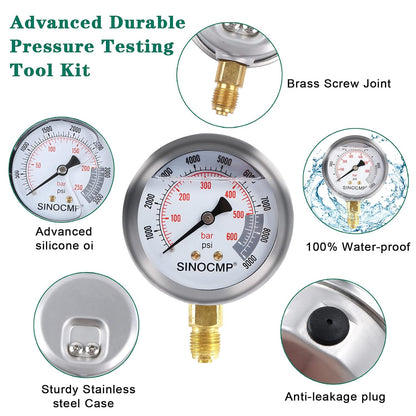 Kit de manómetro hidráulico 25Mpa/40Mpa/60Mpa, 3 manómetros 6 acoplamientos de prueba, 3 mangueras de prueba, 1 estuche de almacenamiento para maquinaria de construcción de excavadoras,