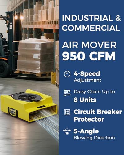 ALORAIR Zeus 900 - Soplador comercial para alfombras, paredes, uso de fontanería, ventilador de piso de velocidad variable, 950 CFM con 1.8 amperios, protección de disyuntor dúplex a bordo, GFCI